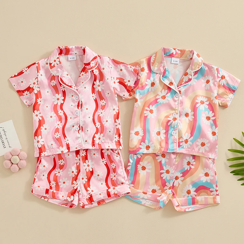 

Toddler Girls Summer Shorts Sets Short Sleeve Lapel Button Up Shirt Tops Daisy Print Shorts 2 Pieces Sets for 0-4 Years