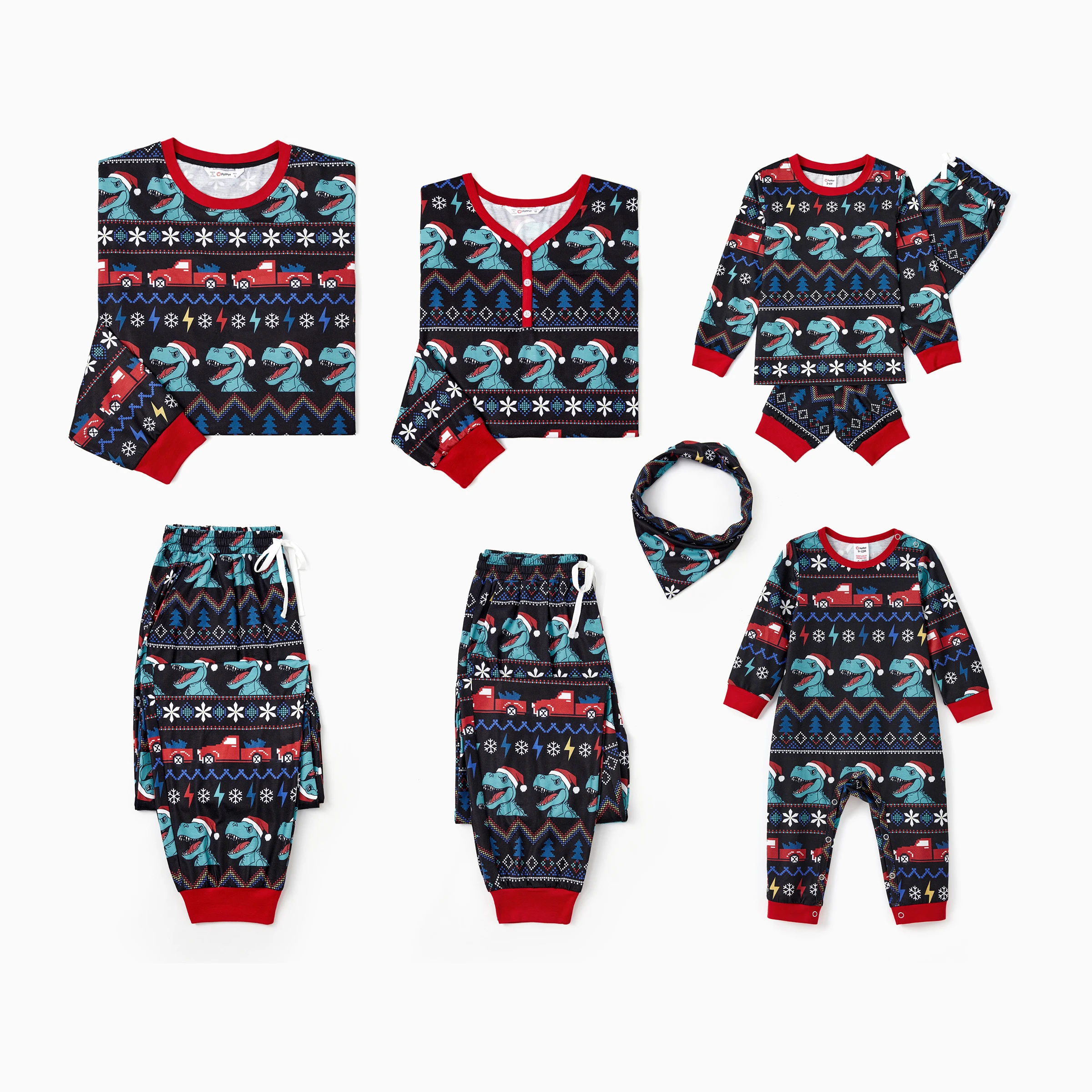 thumbnail image 1 of Conjunto de pijama familiar a juego con estampado de dinosaurios para Navidad, con bolsillos y cordón (resistente al fuego), 1 of 5