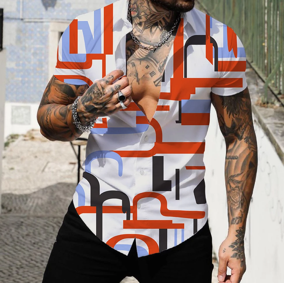 Camisa havaiana de manga curta masculina, tops de lapela, streetwear,  impressão 3D, listrada, patchwork, roupas masculinas, moda praia, 2022