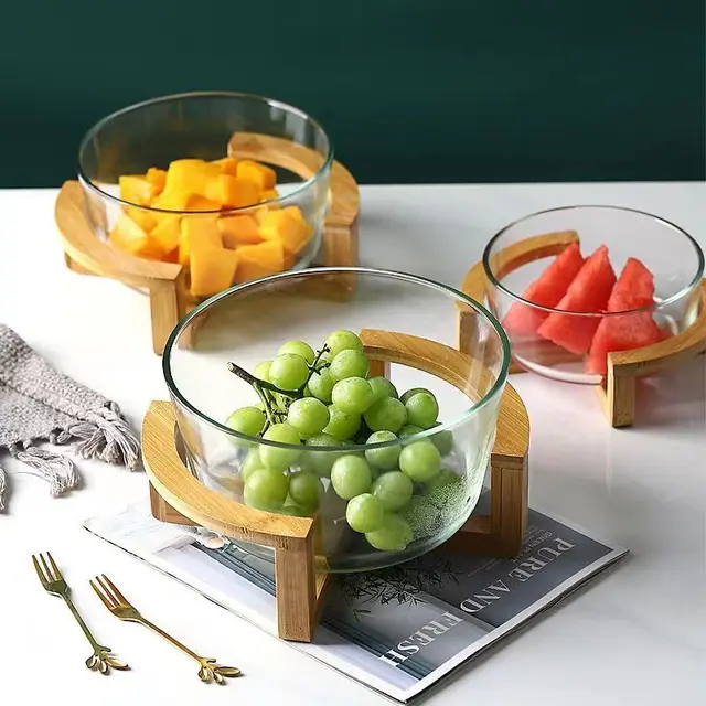 Glass Bowl With Stand Bamboo Salad Bowl With Tongs, Large 10inch