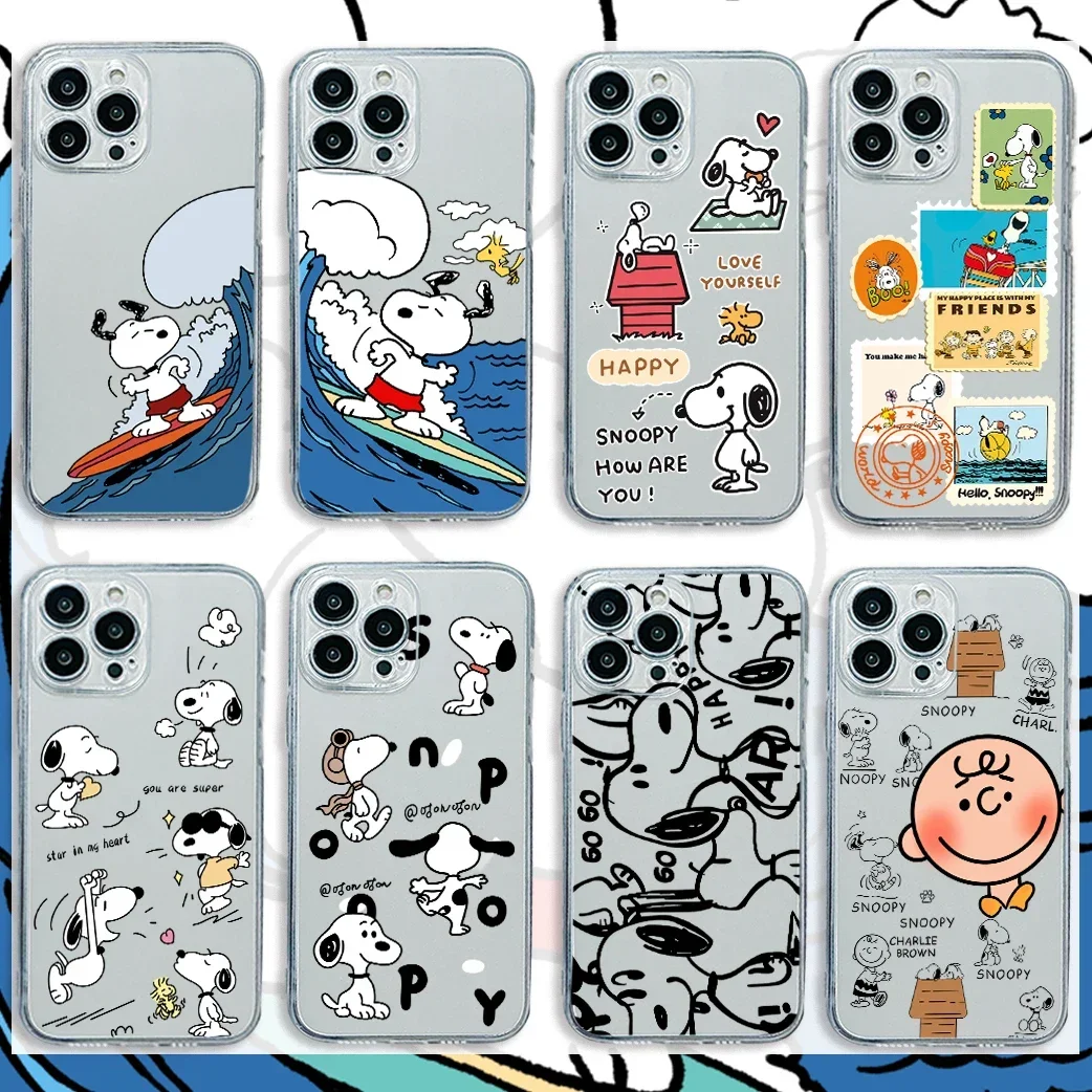 Cute Cartoon Phone Case For iphone 15 14 13 12 11 XS Pro Max Mini X XR 6 7 8 Plus SE20 Soft Silicone S-Snoopys Transparent Capa