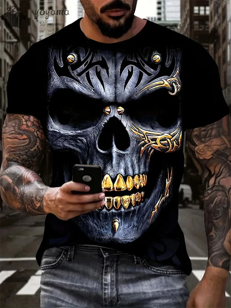 Mens Oversized 3D Skull Print T-Shirt - Summer Horror Fashion Tee