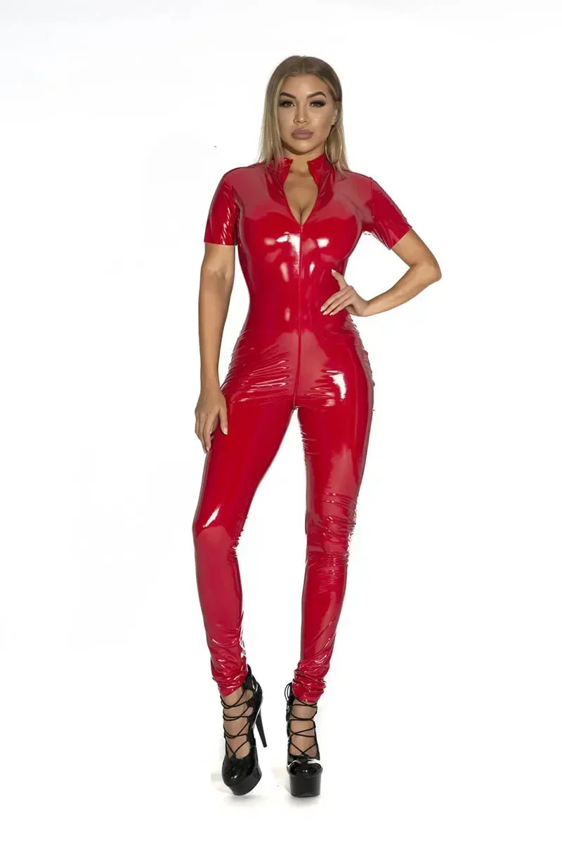 Women Jumpsuit Women's Wet Look Shiny PU Faux Leather Jumpsuit Suit Long Sleeve Zipper Open Crotch Latex Bodysuit Clubwear Plus Size