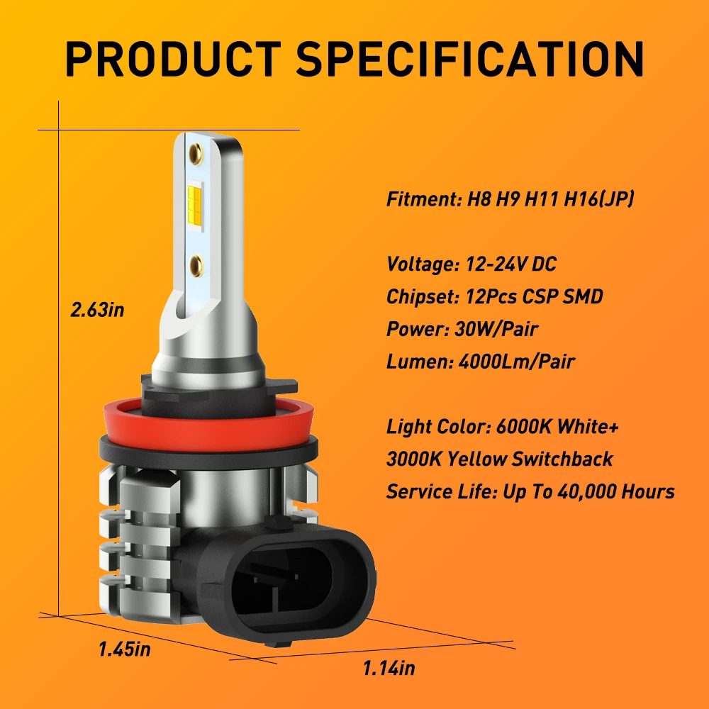 AUXITO 2개입 H11 H8 LED 안개등 캔버스 H9 H16JP LED 안개등 전구 주간 주행등 오류 없음 초고휘도 듀얼 컬러 노란색 & 흰색