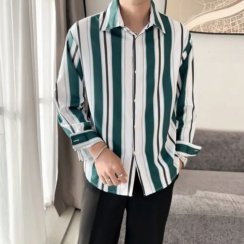 Minimalist Trend Spring Autumn Shirts Men's Polo Collar Striped Contrast Color Single Breasted Casual Long Sleeve Loose Tops