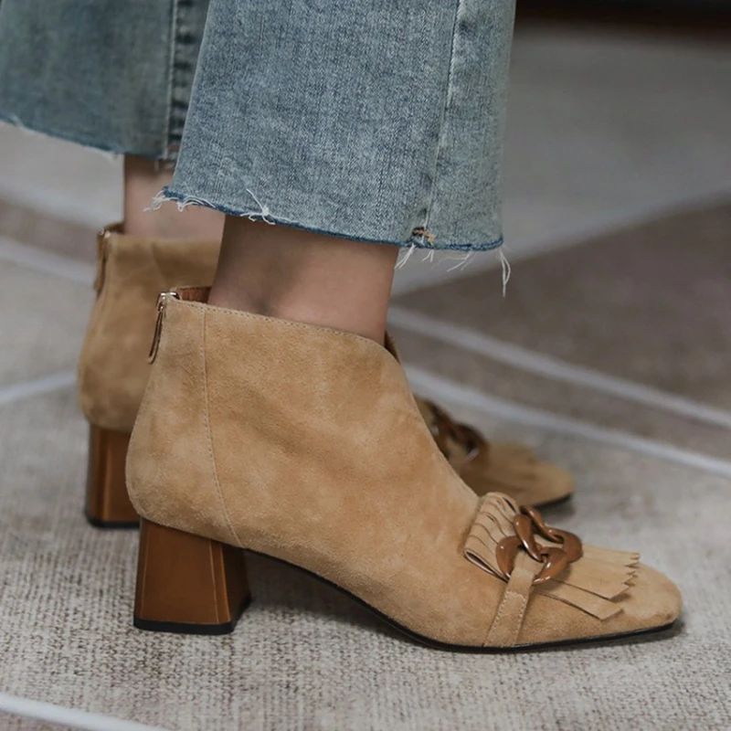 New Autumn/Winter Women Boots Sheep Suade Square Toe Square Heel Mid-Heel Ankle Boots Fringed Zipper Fashion Office Lady Shoes