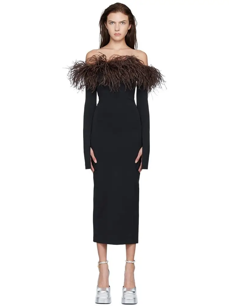 

Ailigou Women's Off Shoulder Long Sleeve Feather Evening Dress Elegant Formal Party Dress Sexy Skinny Medium Long Bandage Dress