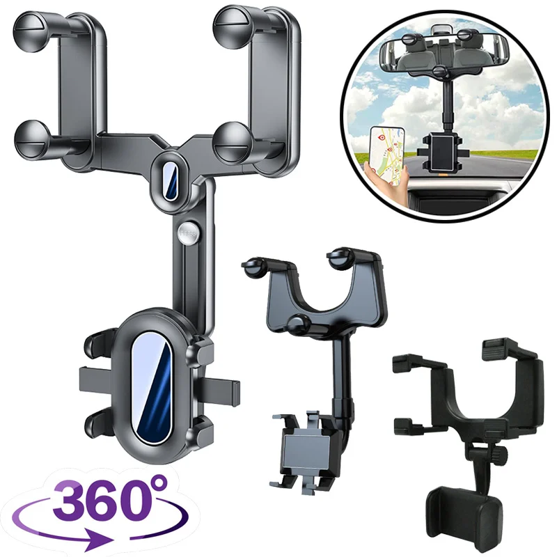 Universal 360° Rotatable Retractable Car Phone Holder Rearview Mirror