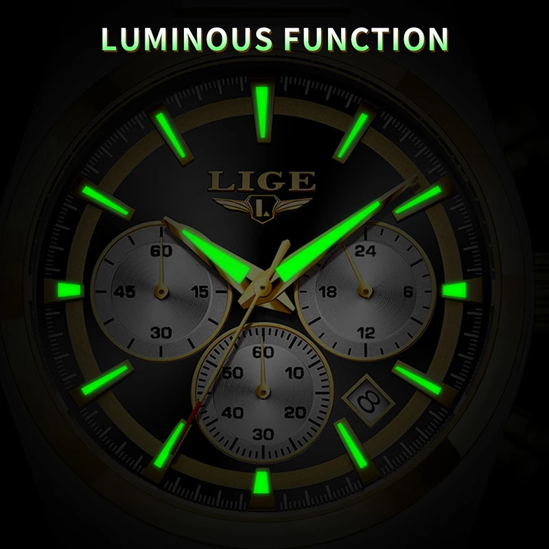 LIGE Men's Waterproof Luminous Quartz Chronograph Sport Watch with Gift Box
