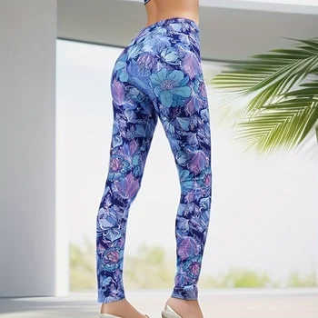 PD319 Blue Petal Flower Leggings Outdoor Sports Cropped Stretch Pants 1