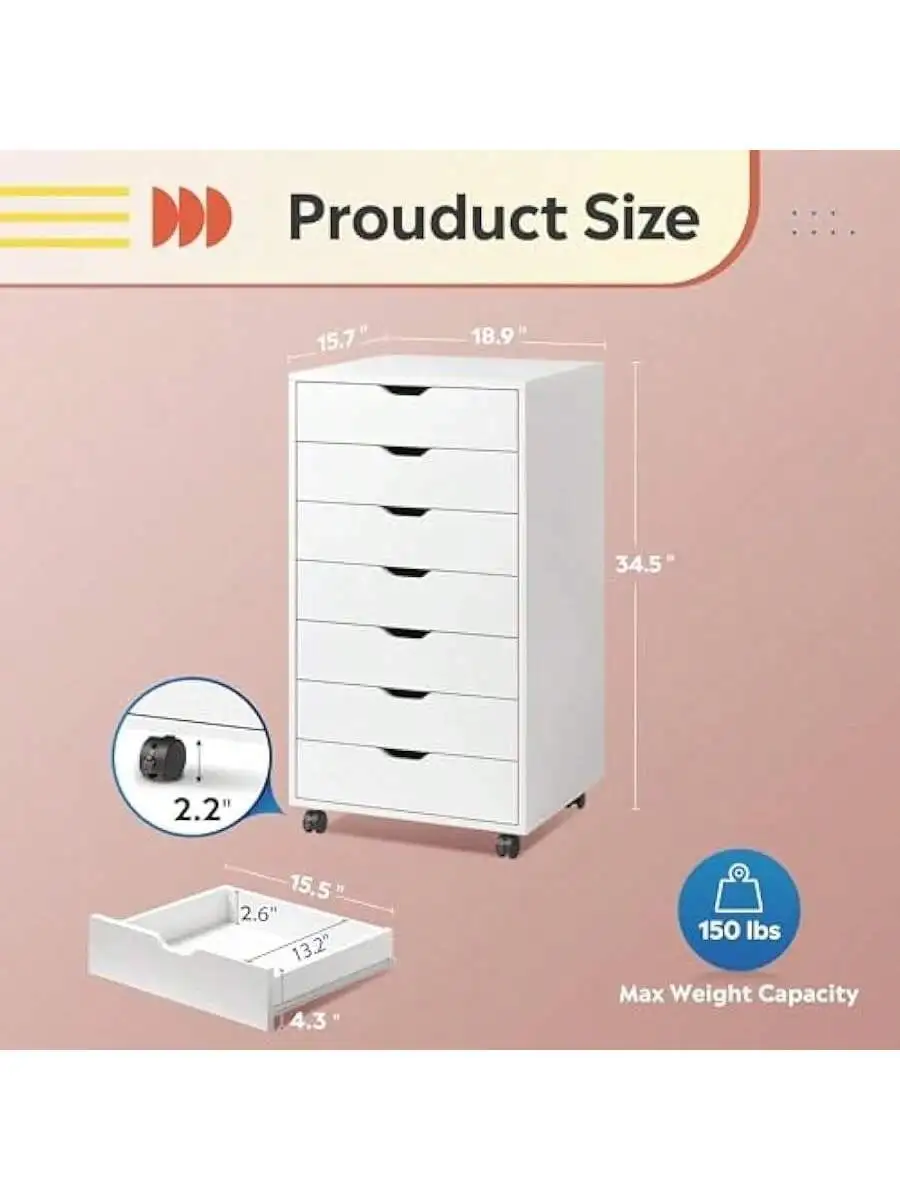 DEVAISE 7-Drawer Chest Wood Storage Dresser File Cabinet with Wheels White 3