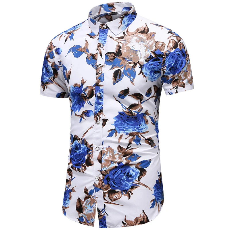 thumbnail image 1 of Camisetas con estampado de flores de rosas en 3D para hombre, de manga corta, ajustadas, con botones, informales, con estampado floral, 1 of 5