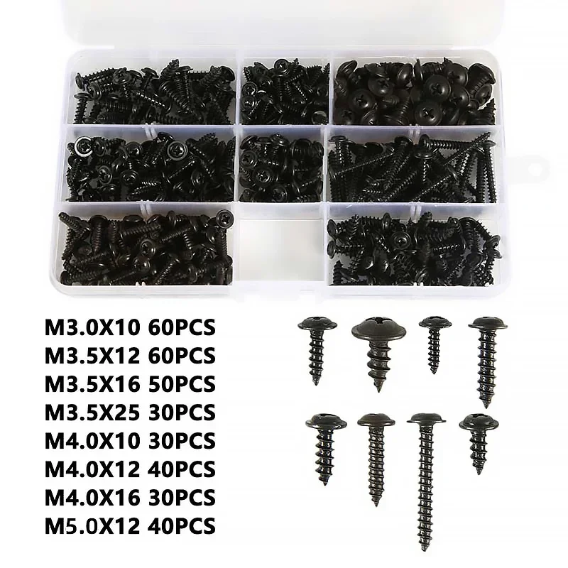 340pcs/Box Cross Head Self Tapping Screws Set Pan Head Tapping Screw Assortment Kit Black Furniture Carbon Steel M3/M3.5/M4/M5
