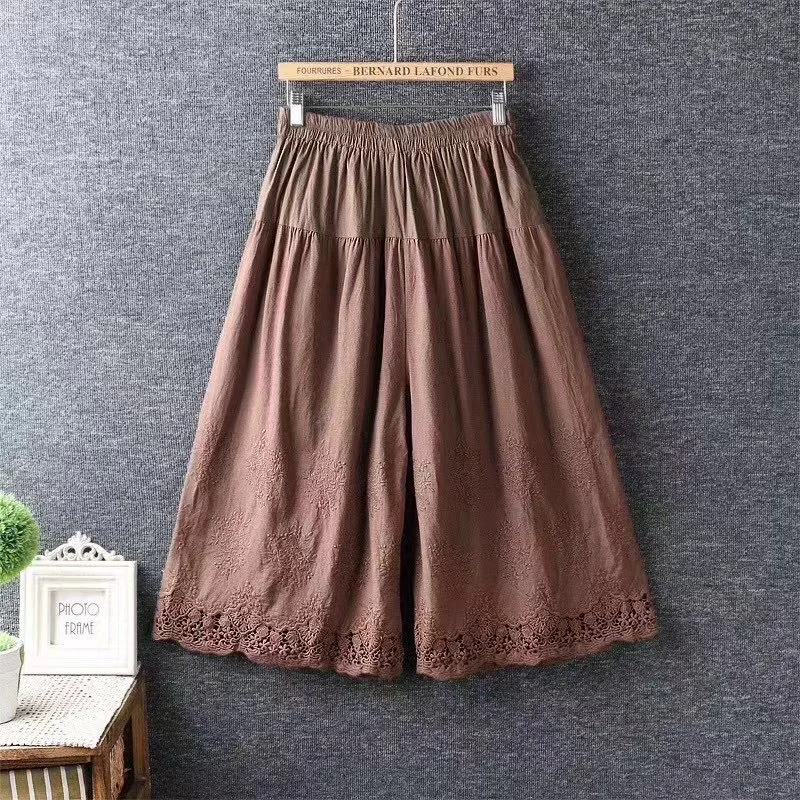 summer Vintage cotton embroidery flowers Wide leg pants Female lolita sweet RV749 women's clothing