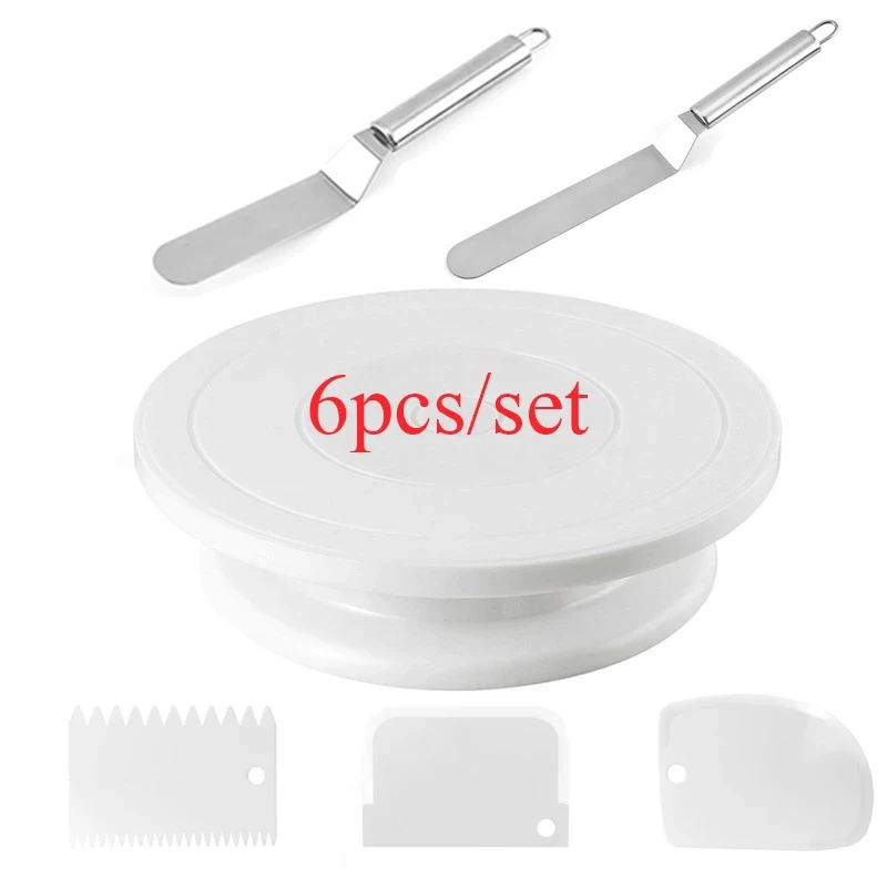6pcs Cake Turntable with 2 Frosting Straight Angled Spatula 3 Icing Smoother Scraper Cake Decorating Kit Baking Accessories Tool
