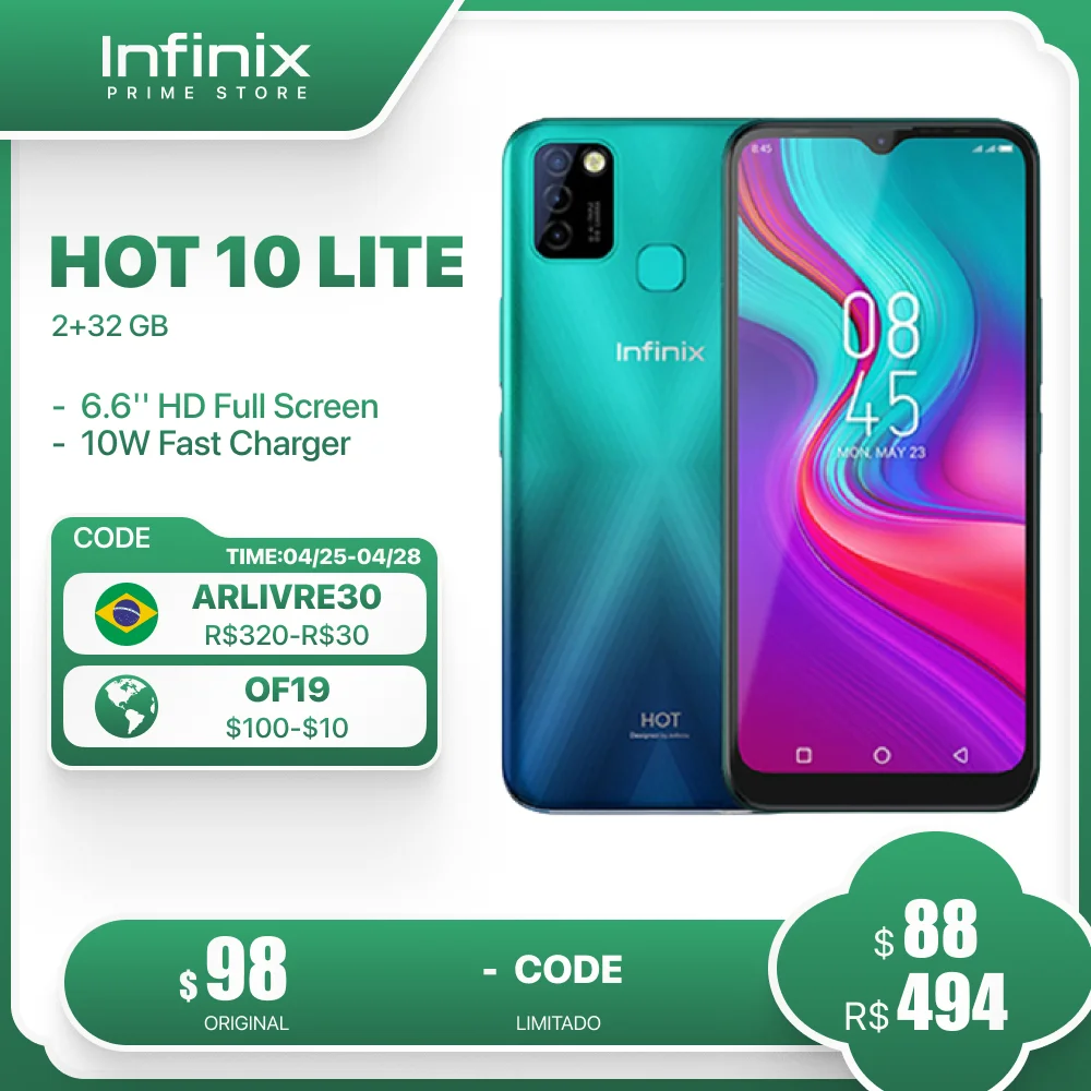 100% Original Infinix Hot 10 Lite Global Version smart phone 6.6 inch Helio A20 2GB 32GB Face unlock 13MP Triple Camera infinix hot latest phone