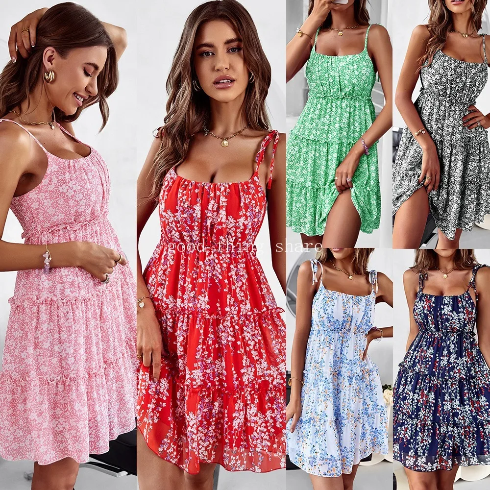 

Hot-Selling Strap Floral Dress 2023 Summer Wooden Ear A- line Skirt