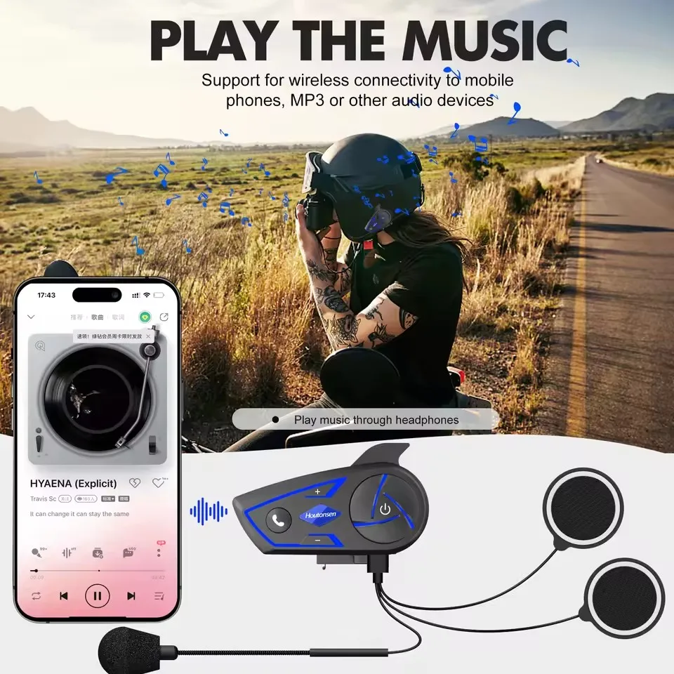 Houtonsen S3 Motorcycle Helmet Bluetooth Headset Intercom 2 Riders 1000M Communicator IP67 Waterproof Music Player Interphones