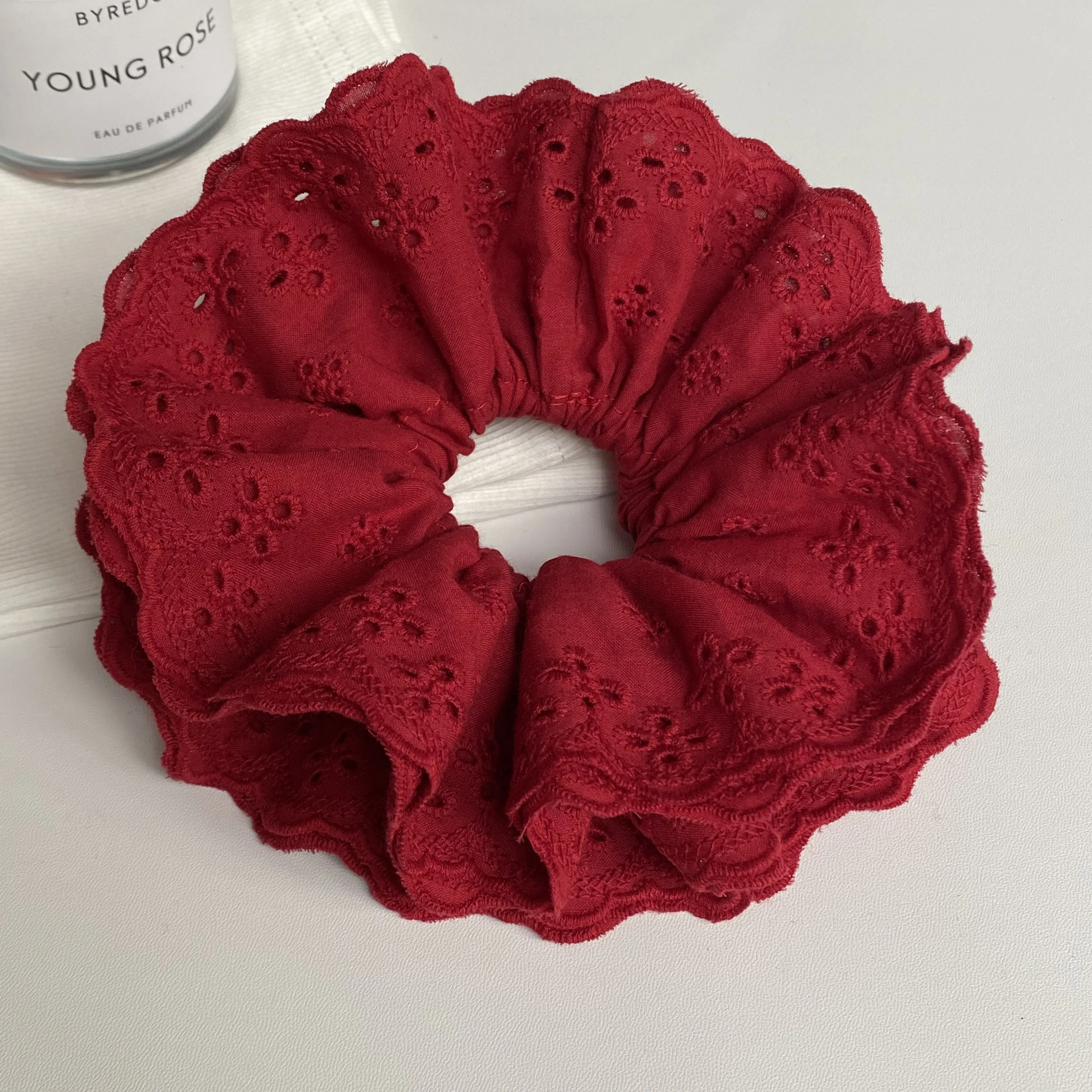 1PC Large Red Lace Hair Scrunchie, Elegant Ruffled Hair Tie with Hollow - Out Design, Romantic Hair Accessory for Women