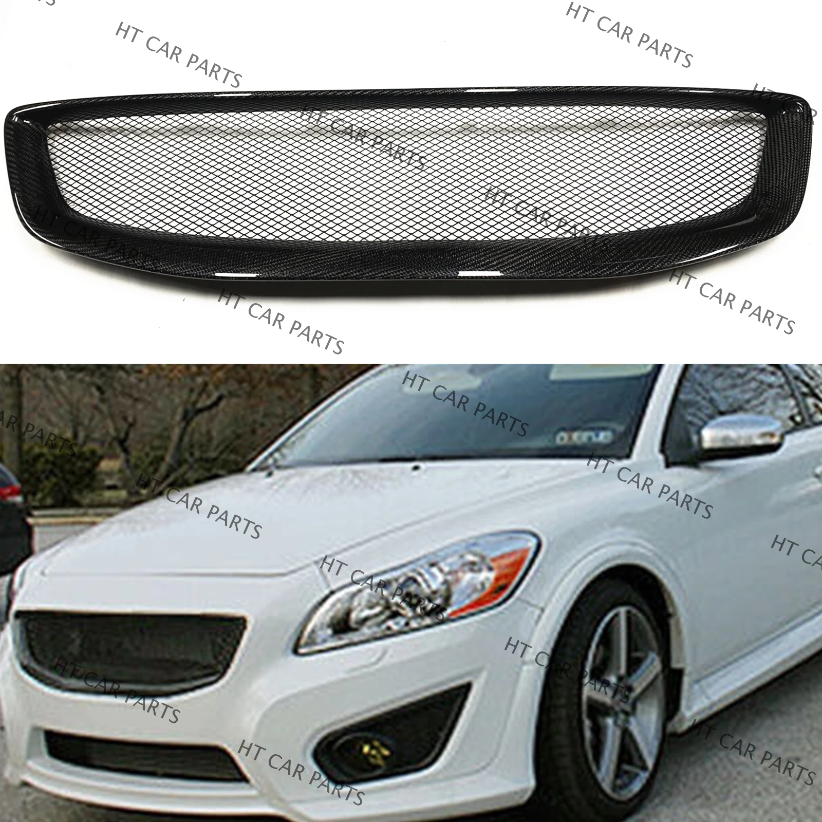 

For Volvo C30 2011-2013 High Quality Fiberglass 1 Piece Black Carbon Fiber Look of Front Bumper Grille Mesh Grill