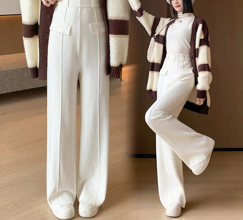 Knitted casual pants for children in autumn and winter 2023, new thickened high waisted draped and lazy style wide leg mop pants