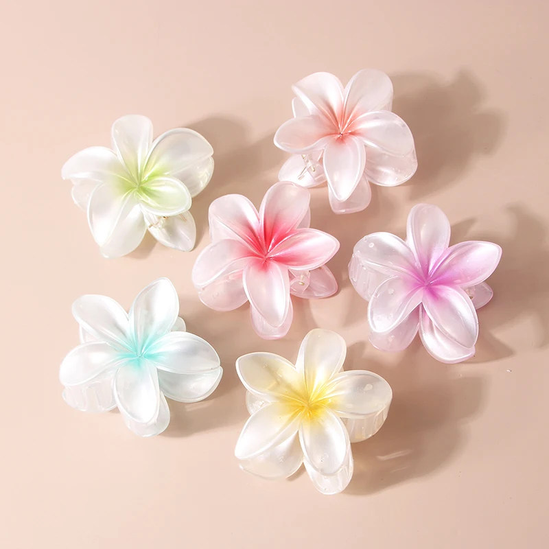 8cm 새로운 대형 진주 빛 달콤한 그라데이션 아크릴 frangipani 머리핀 상어 클립 머리핀 헤어 액세서리