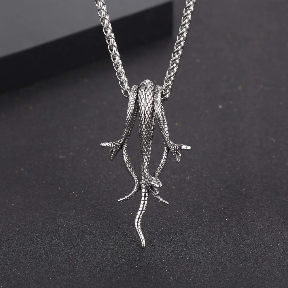 Retro Lange Schlange Drei Headed Schlange Anhänger Halskette Edelstahl Punk Biker Schlange Halskette Für Männer Frauen Schmuck Geschenk