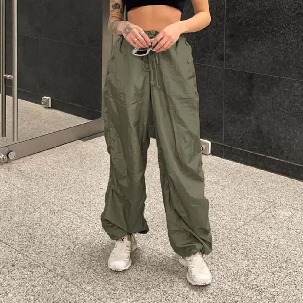 

Cargo Pants Women Retro Gothic Streetwear Loose Solid Color Low Waist Hip Hop Elastic Waist Lightweight Baggy Female Trousers