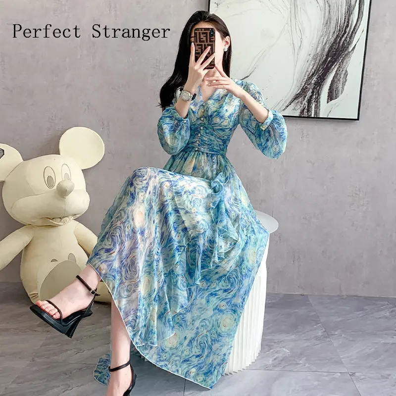 

2024 Floral Chiffon Long Sleeve Maxi Dress Spring Autumn New V-Neck Elegant Bodycon Dress Women Vintage Party Midi Vestidos