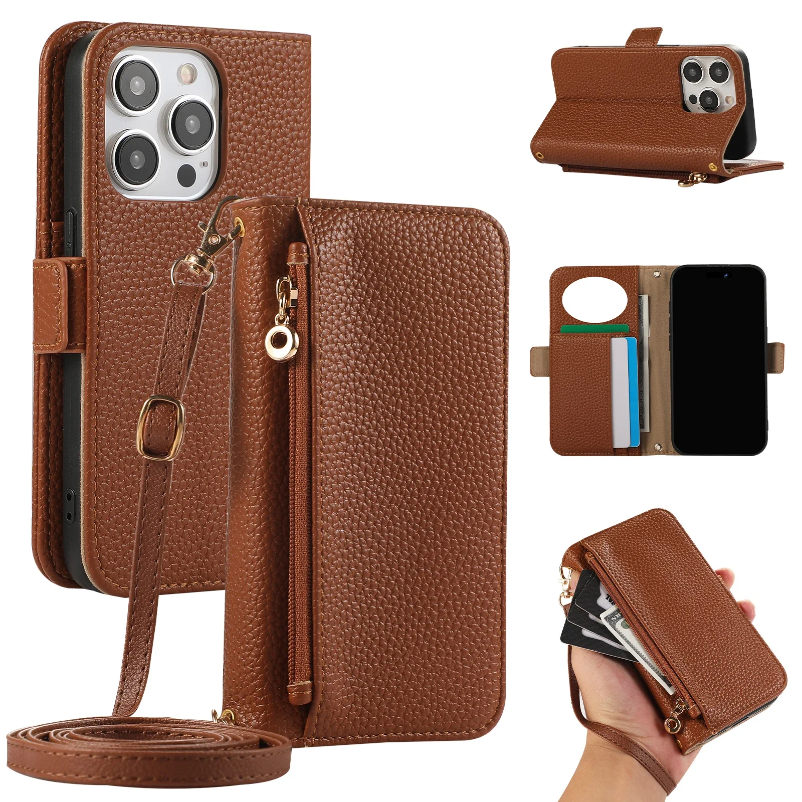 Sleek Leather Crossbody Wallet with Card Holder and Phone Case