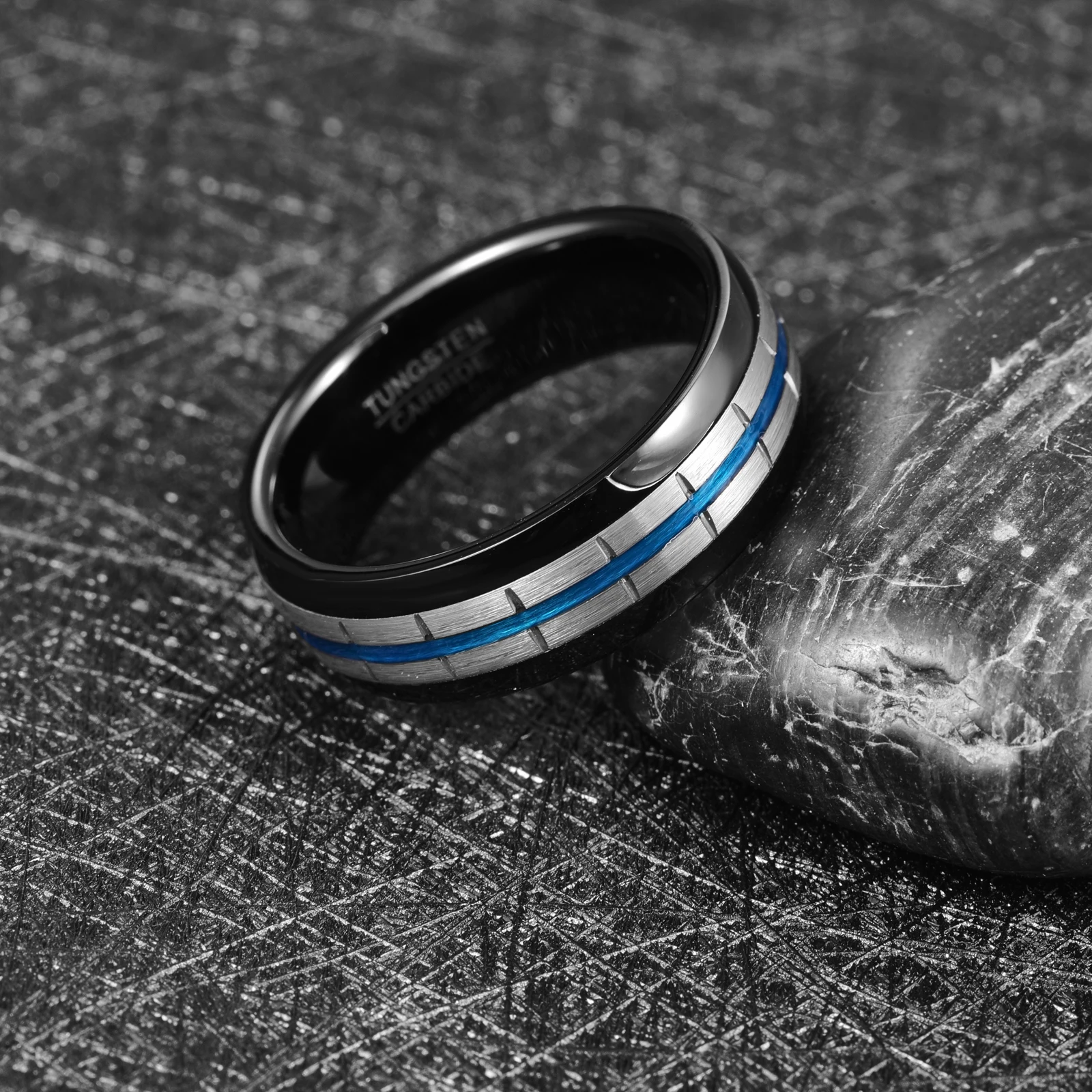 Nuncad 8mm Electroplated Black Blue Groove Tungsten Carbide Ring for Men Wedding Bands Jewelry Lovers Gift Size 7-12