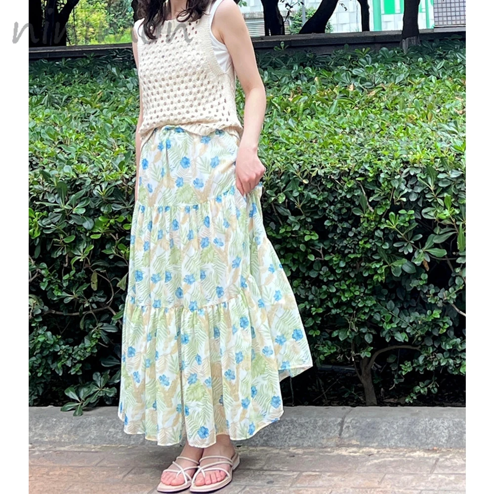 

NINIMON Womens Summer Skirts Vintage Floral Print Chiffon Pleated Skirt High Waist Japan Style Casual Mori Girl Midi Skirt