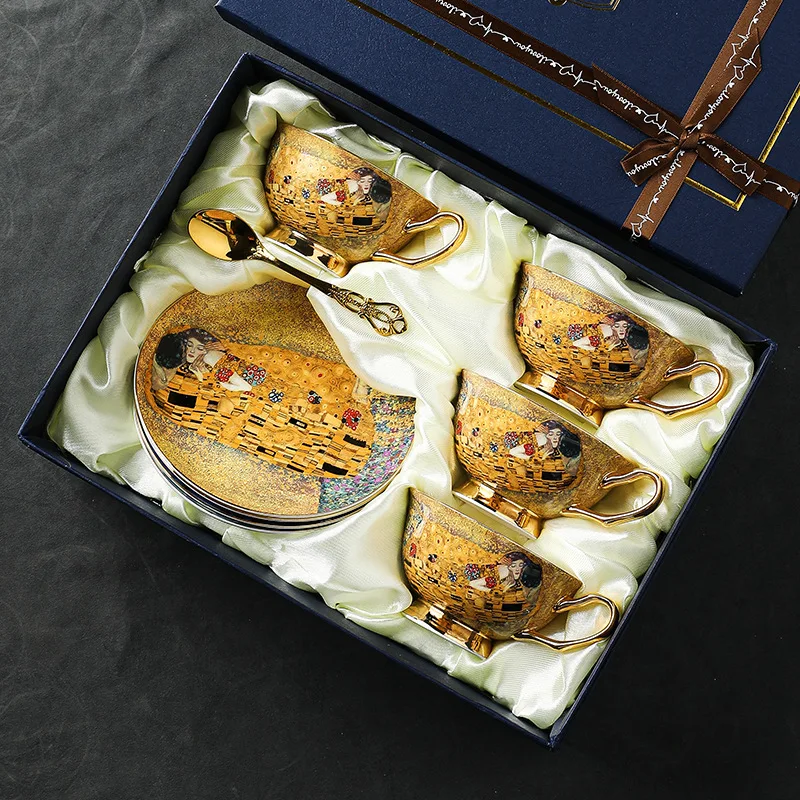 European Coffee Set Bone China Coffee Cup And Saucer Set Retro Luxury Porcelain Cup For Birthday Gift Couple Set With Gift Box