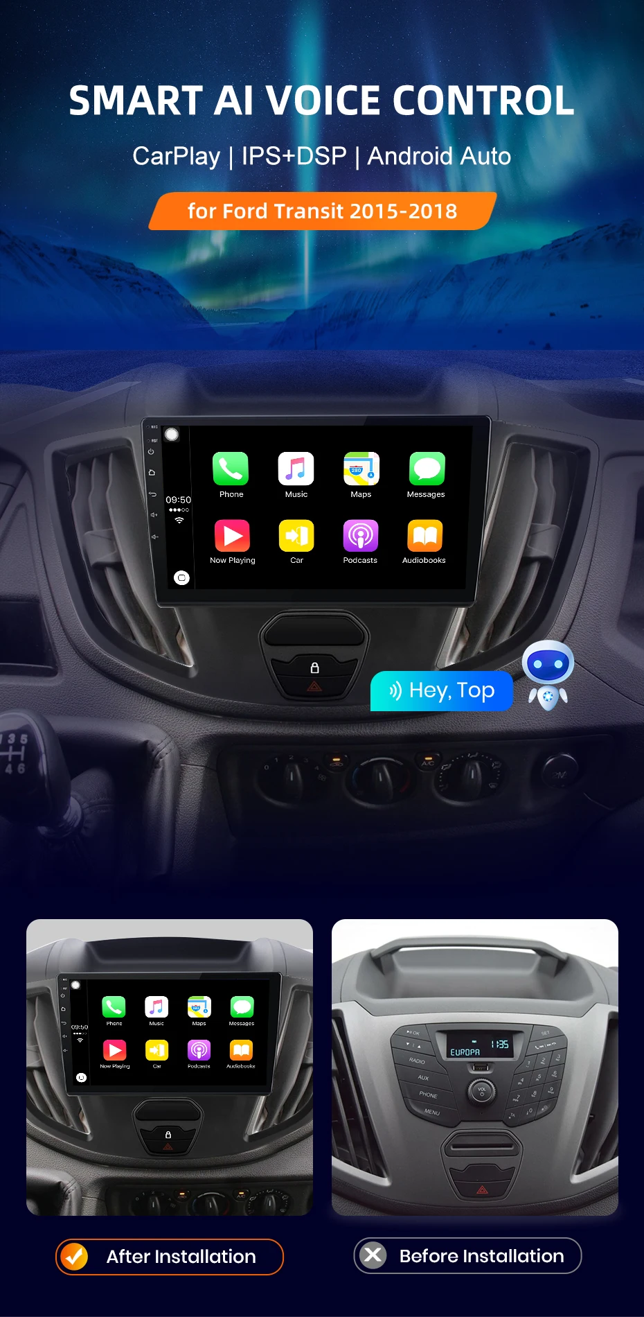 Für Ford Transit 2015-2018 Drahtlose CarPlay für Apple Android Auto Auto Radio GPS IPS RDS FM WiFi BT 4G 8Core Multimedia Stereo – Detail 1