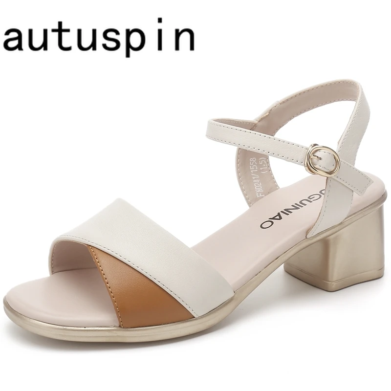 

AUTUSPIN Classics Women Sandals 2024 Summer New Mixed Colors Genuine Leather Metal Buckle High Heels Office Lady Shoes Woman