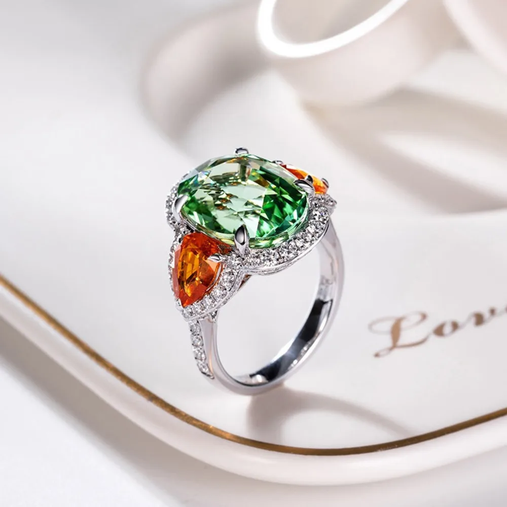 WEGARSTI NEW Vintage Green Tourmaline Inlaid Open Wedding Ring For Women Silver Jewelry Orange Fanta Stone