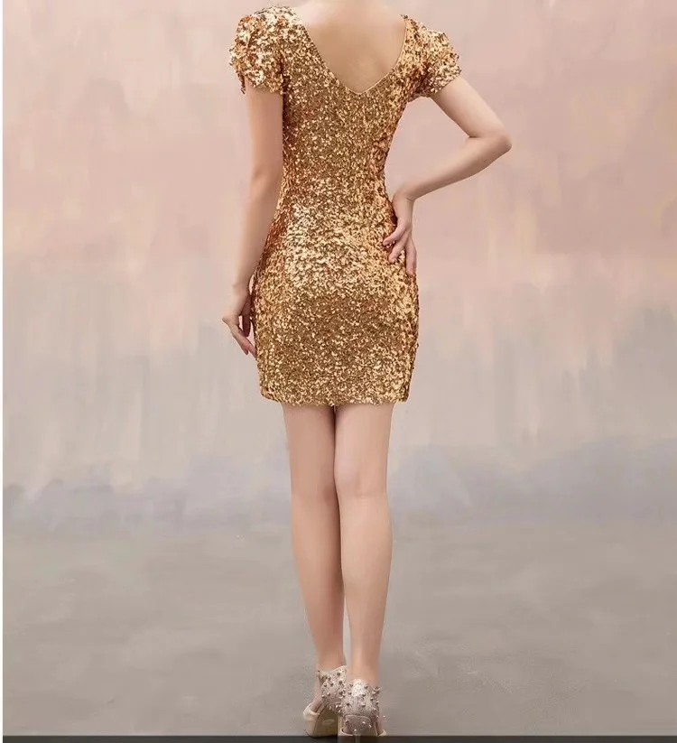 mens ballroom clothes 2021 Summer Bling Shiny Sequins Dress Women Sexy V Neck Backless Short Sleeve Slim Bodycon Dress Ladies Sexy Club Party Dresses mens ballroom dance wear