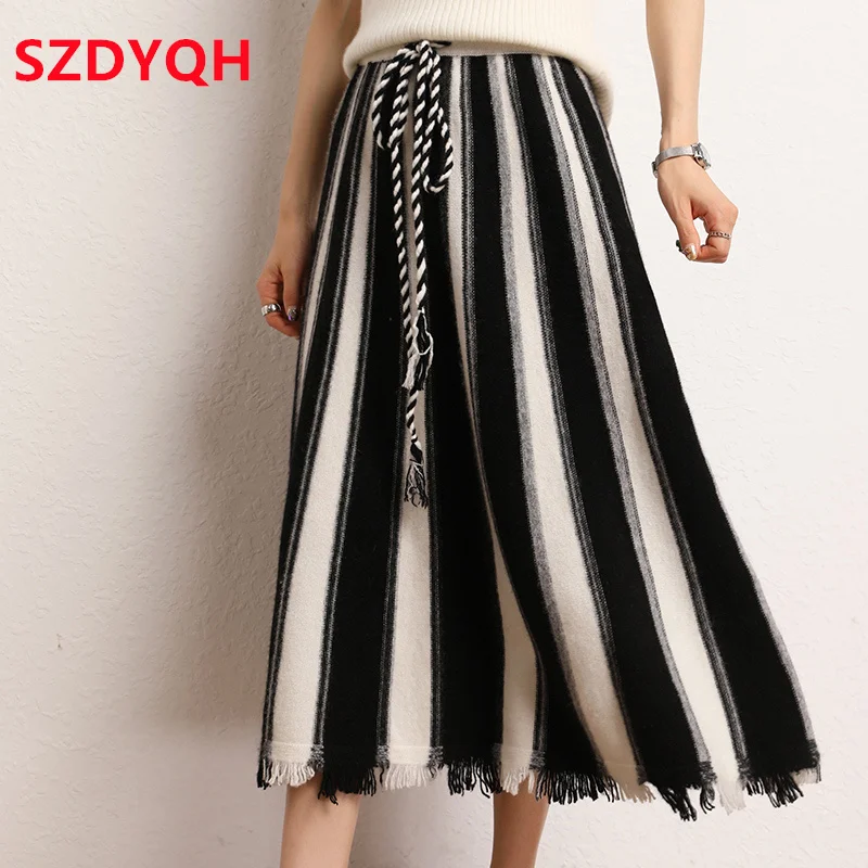 

High-end 2023 Autumn and Winter 100% Cashmere New Women's High Waist Stripe Skirt Fashion A Word Knit Bottomed