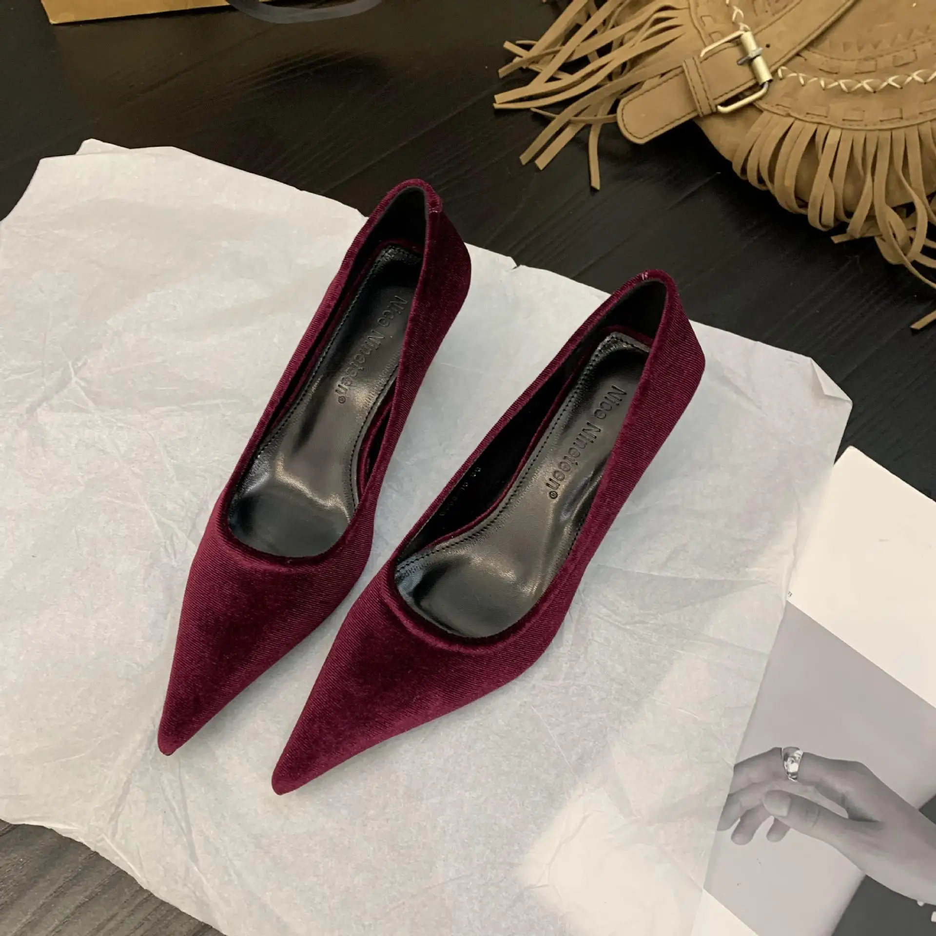 Womens Stiletto Velvet Work Shoes Buckle Strap High Heels Pointed Toe Pumps  OL | eBay