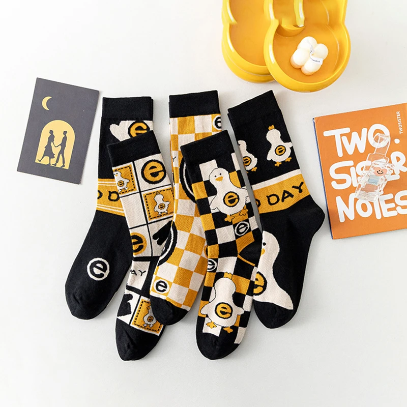 

Модные хлопковые носки, женские забавные носки Ins Duck, женские черные длинные носки, уличные носки