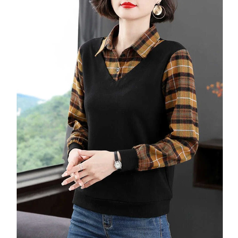 Women's Clothing 2023 Vintage Classic Plaid Patchwork Fake Two Shirt Autumn Fashion Long Sleeve Blouse Ladies Casual Loose Tops
