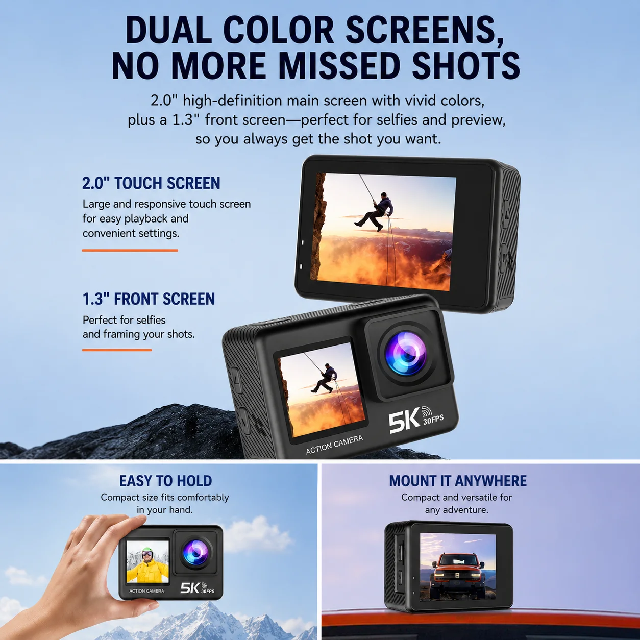 AT-M60TR 5K WiFi 액션 카메라 전문가용 듀얼 스크린 스포츠 카메라 30M 방수 170도 ° 광각 헬멧 자전거 브이로그 카메라 DVR