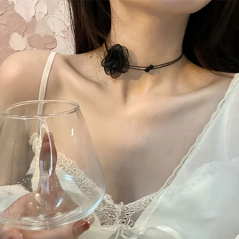 

Black Rose Choker Flower Necklace For Women Romantic Camellia Rope Chain Flower Neck Decoration Jewelry Party Gift Collares New