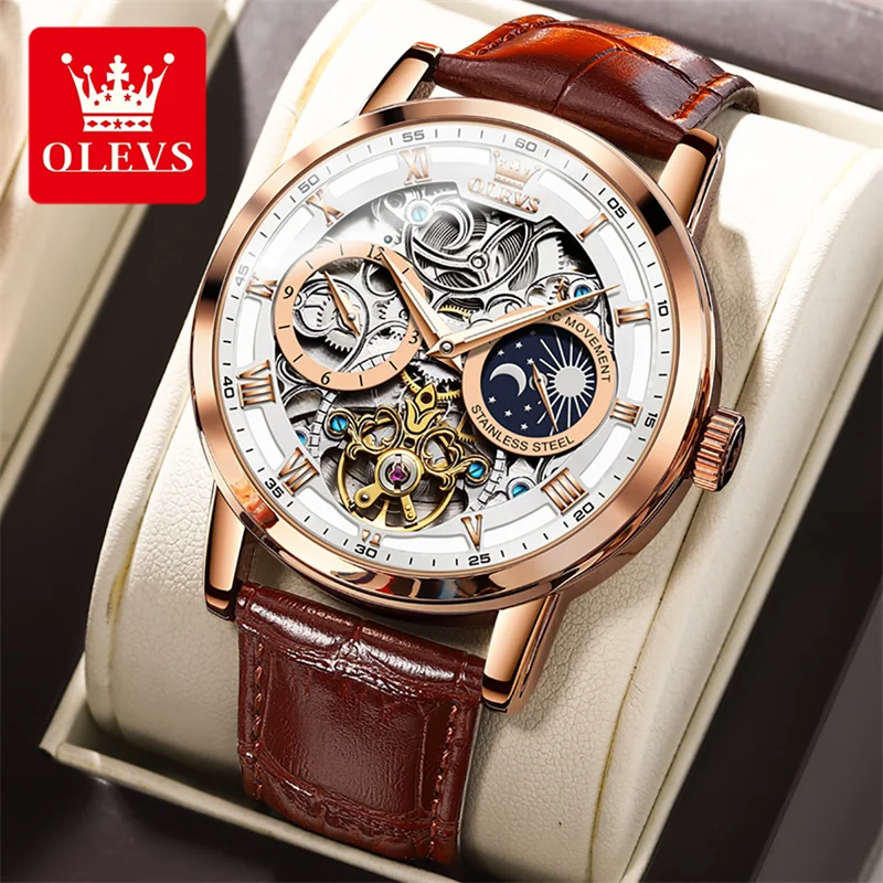 

Watches Mens OLEVS Top Brand Luxury Casual Leather Tourbillon Mechanical Men's Watch Skeleton Automatic Clock Male Waterproof