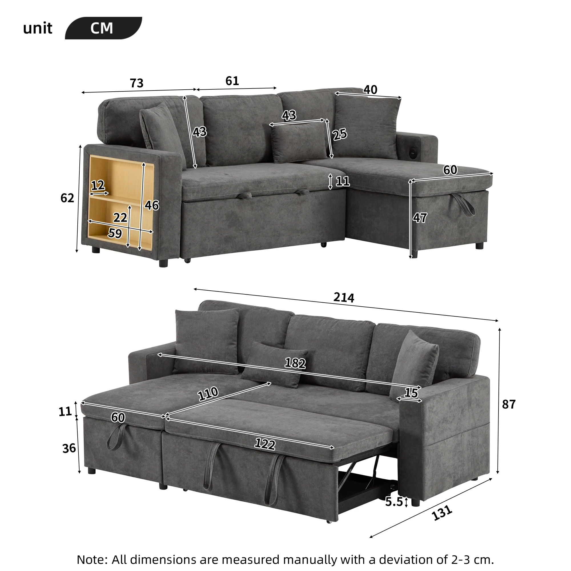 KOMHTOM Ecksofa L-Form mit Schlaf- und Bettfunktion - Ausziehbarer Schlafcouch mit Bettkasten und integriertem Regal – Detail 19