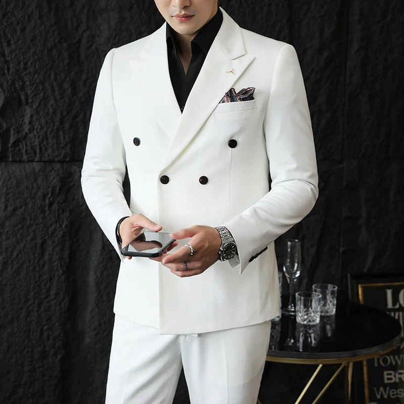 Men Double-Breasted Slim Fit Business Suit Solid Color Two-Piece Set S-7XL Korean Fashion