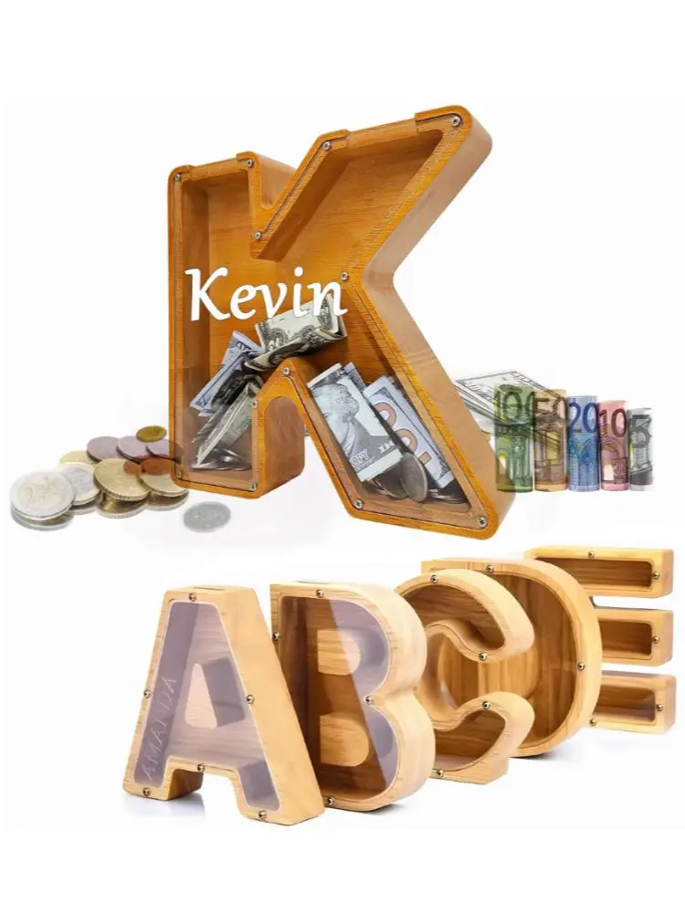 Description Picture 2 of itemTwenty-six Letter Piggy Bank Wooden Coin Money Saving Box Jar Coins Storage Box Desktop Ornament Home Decor Crafts