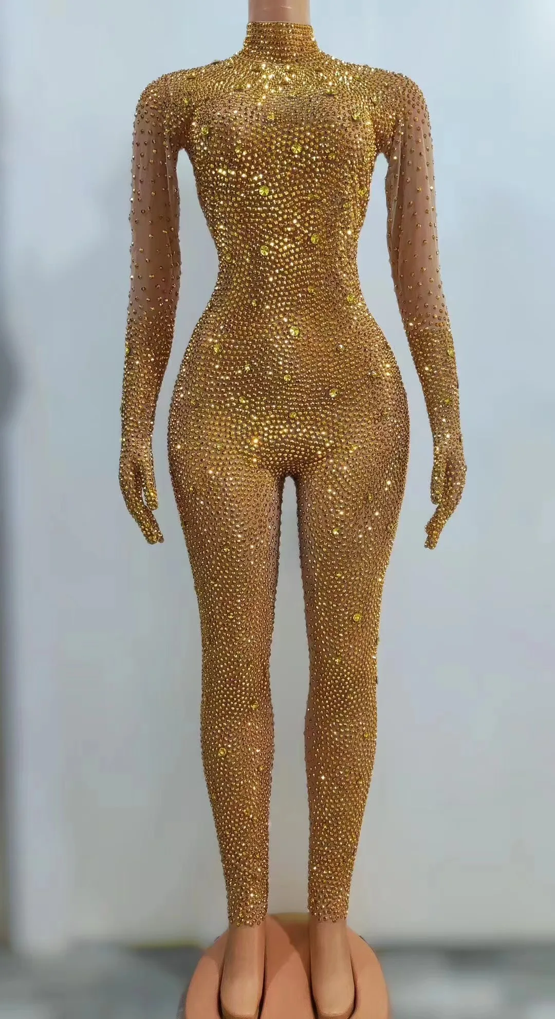 

Luxurious Full Rhinestones Jumpsuit Gloves Women Evening Party Birthday Outfit Sexy Mesh Performance Dance Costume Stage Wear