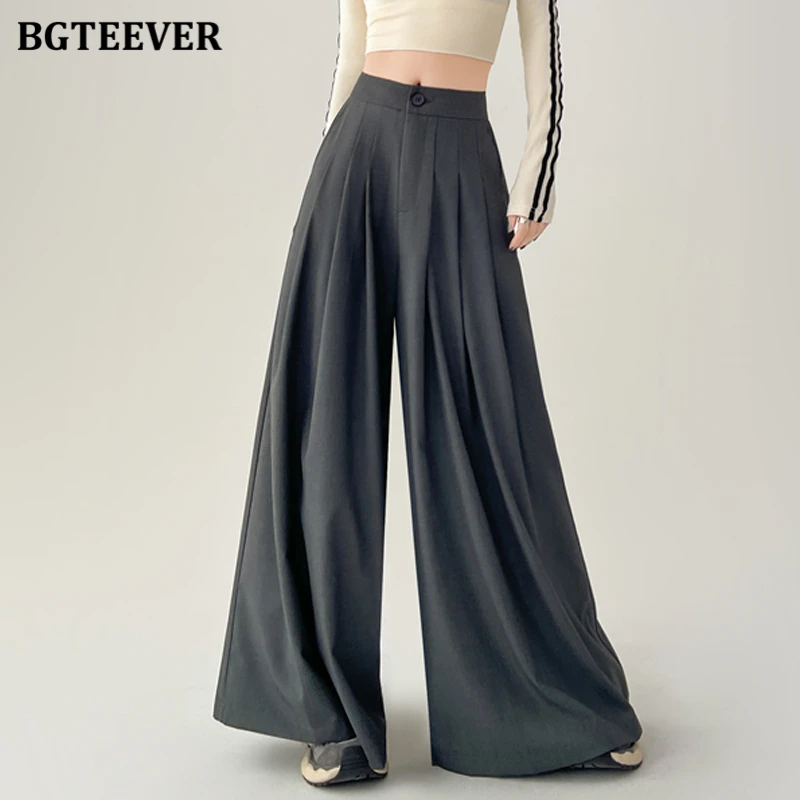 

BGTEEVER Stylish Loose Floor-Length Suit Pants for Women Spring Summer High Waist Single Button Female Solid Wide Leg Trousers