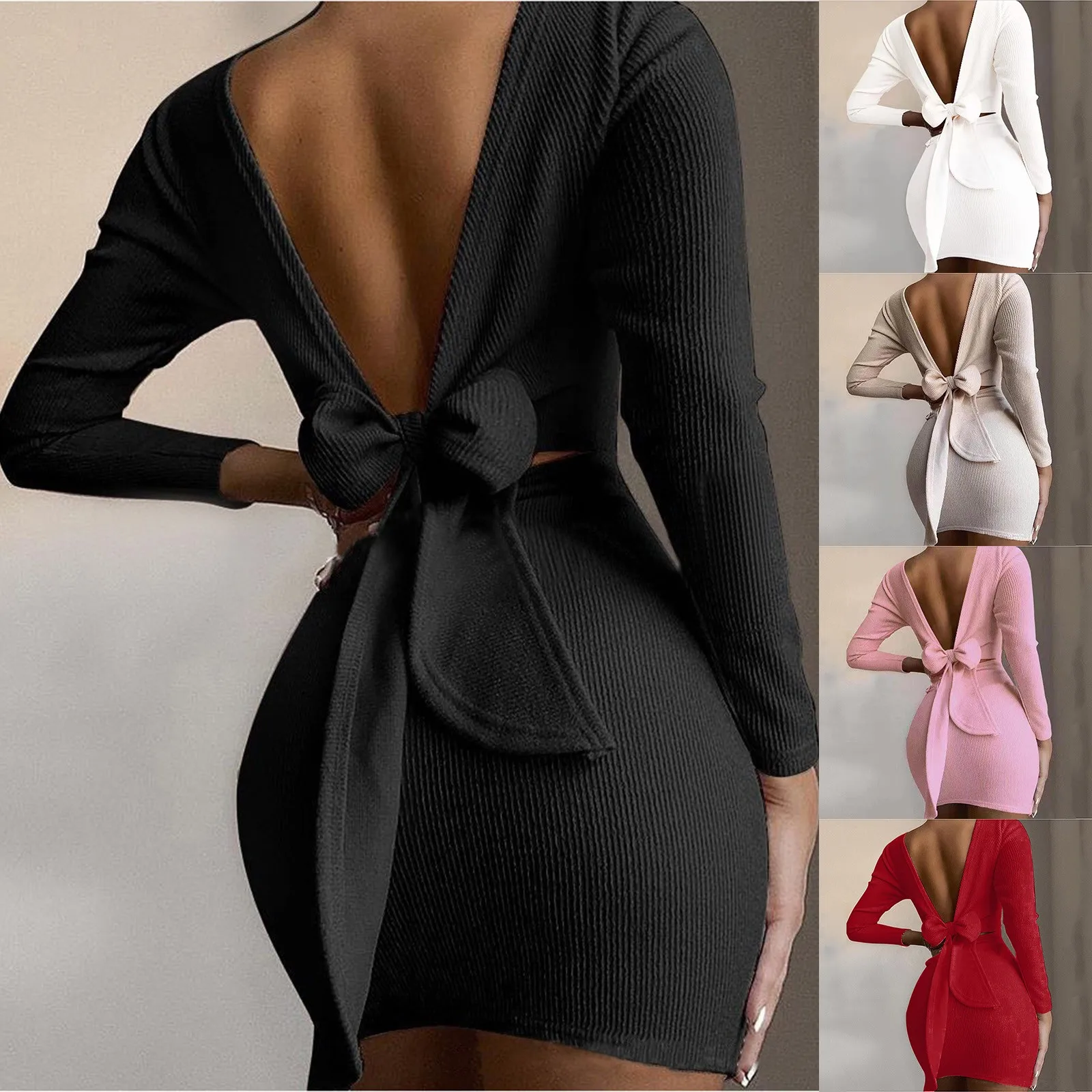 

Long Sleeve Open Back Knotted Women Casual Dress Solid Tight-Fitting Female Elegant Sexy Dresses Party Night Holiday Vestidos